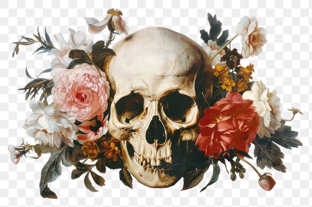 PNG  Skull with flowers art illustration painting.