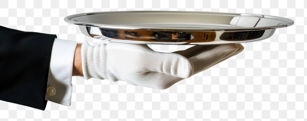 PNG Silver tray being held by a hand service serving white.