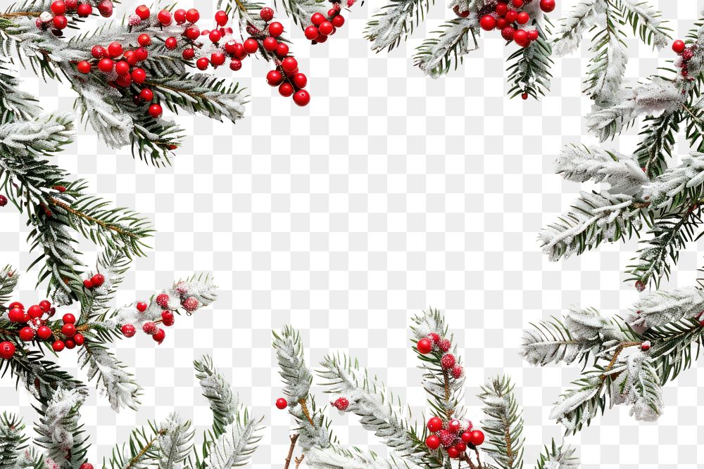 Christmas border with snow-covered fir branches and red berries on a white background christmas festival plant.