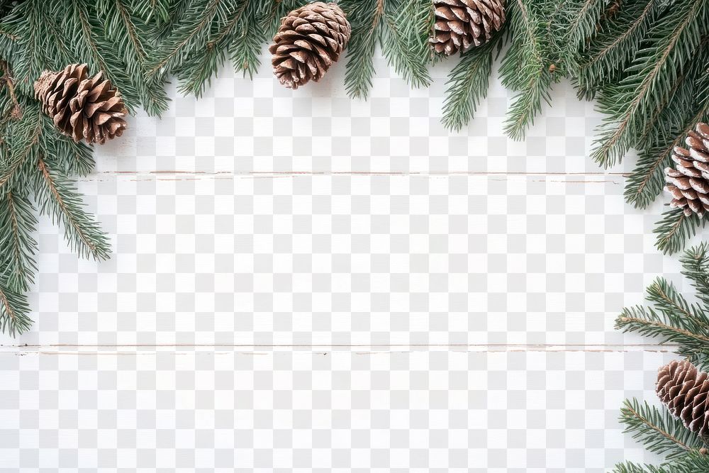 Christmas tree branches with pine cones border conifer spruce plant.