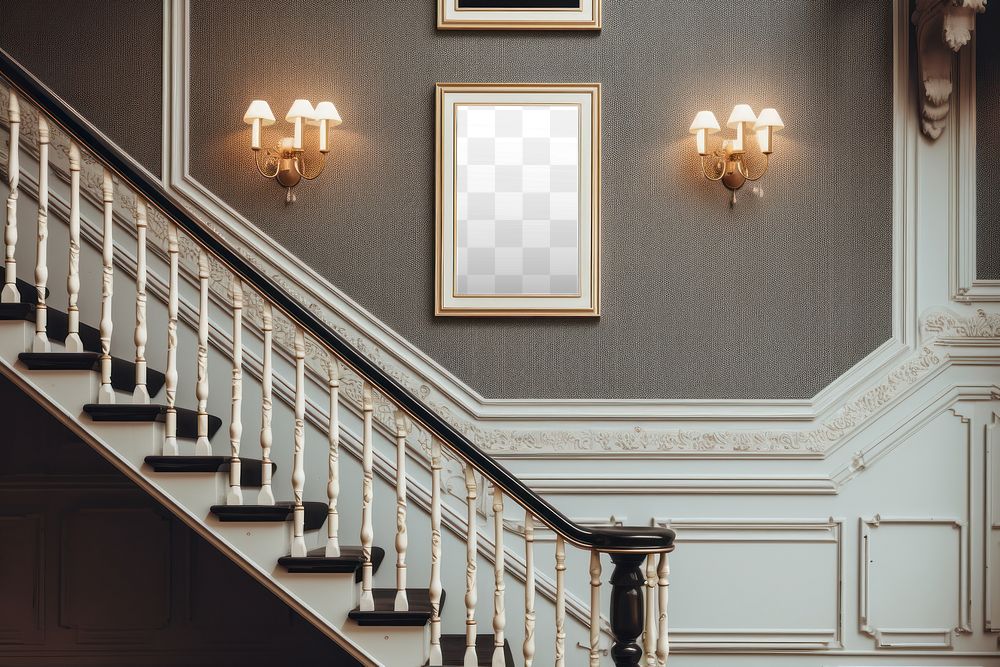 PNG staircase photo frame mockup, transparent design