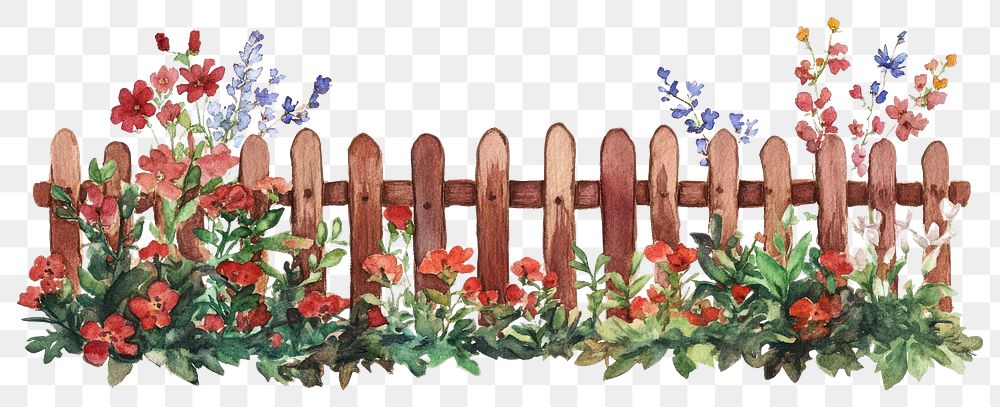 PNG  Brown wooden garden fence with flowers bushes illustration watercolor outdoors.