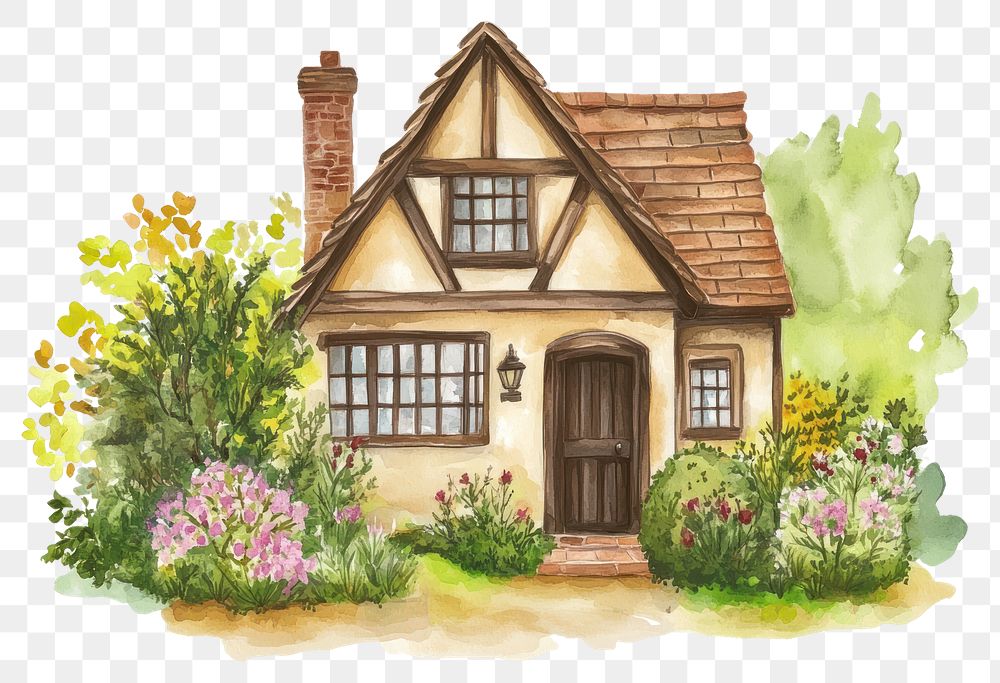 PNG  English cottage with garden architecture illustration watercolor.