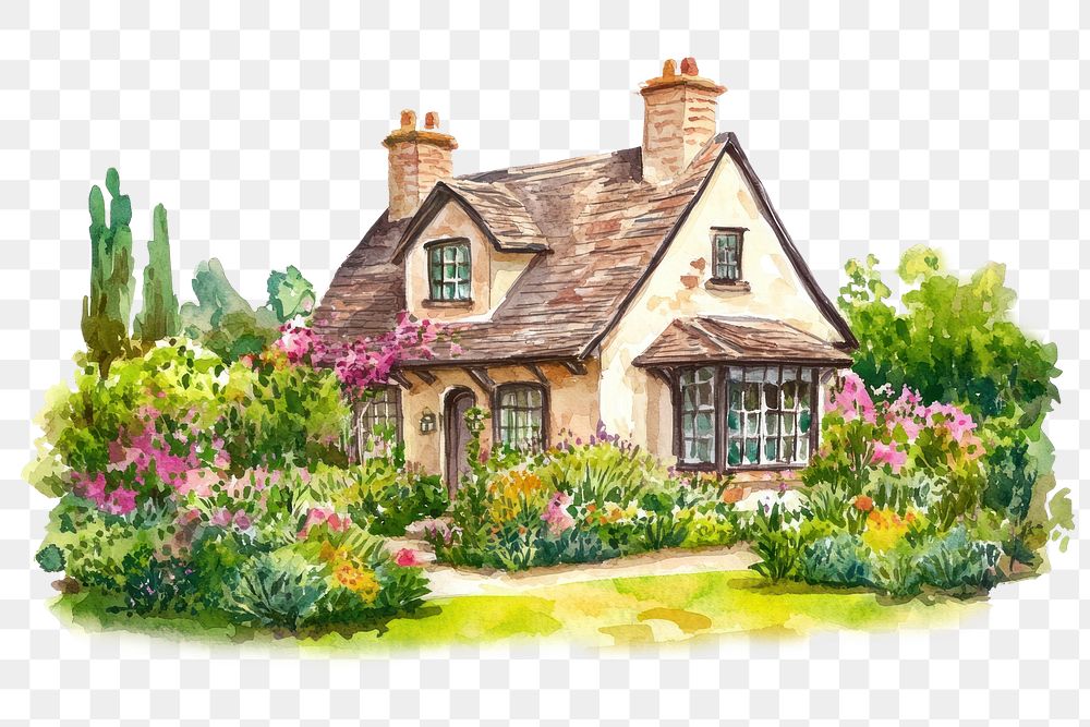 PNG  English cottage with garden art illustration watercolor.