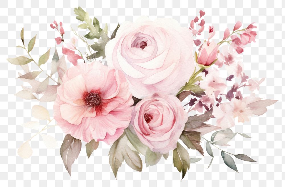 PNG White and pink bouquet illustration watercolor blossoms.