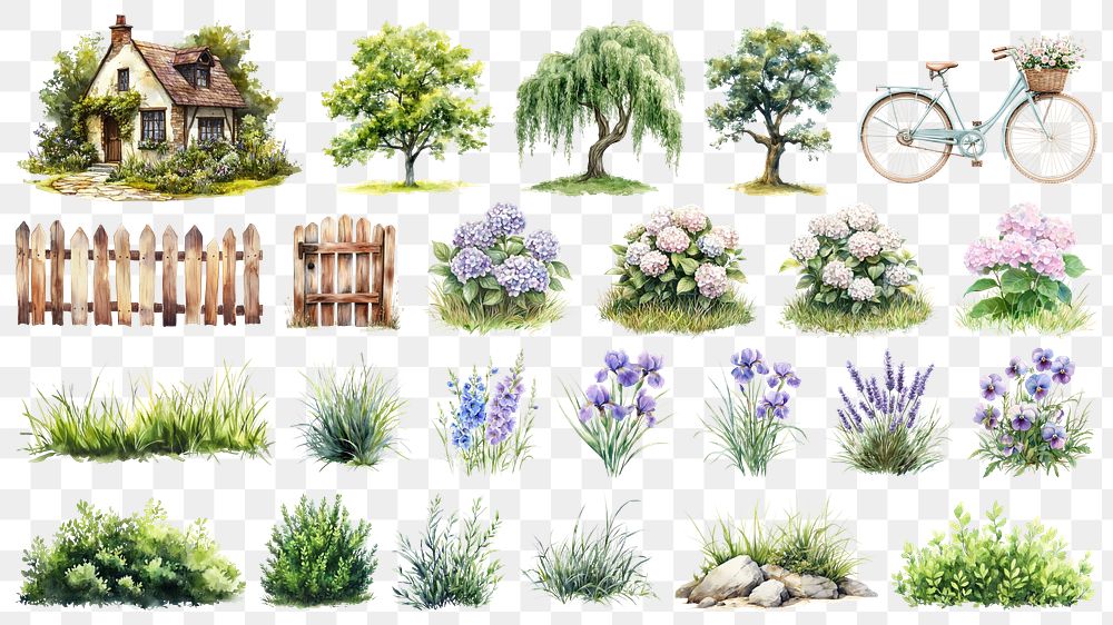 PNG cottage garden element set, transparent background