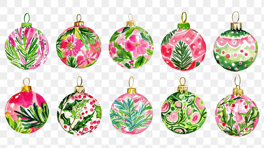 PNG watercolor Christmas bauble ornament  element set, transparent background