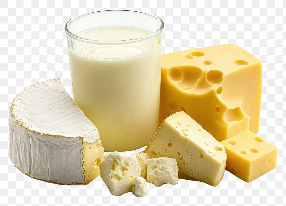 PNG Assorted cheeses with glass milk