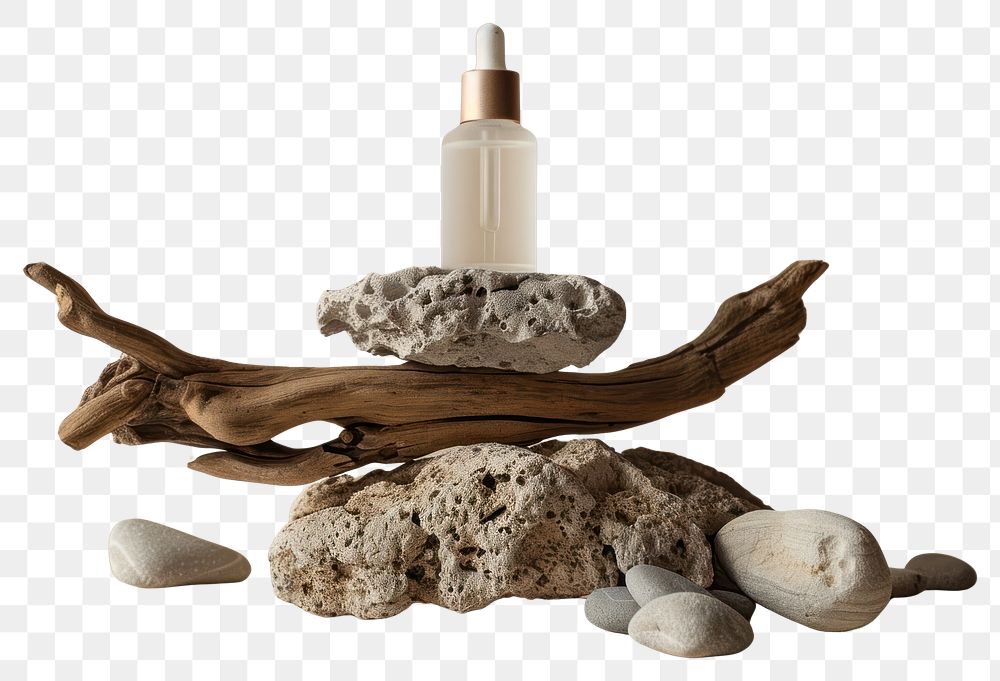 PNG Serum skincare bottle mockup wood driftwood bread.