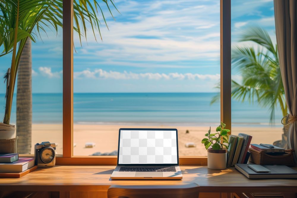 Laptop screen mockup png tropical workspace, transparent design