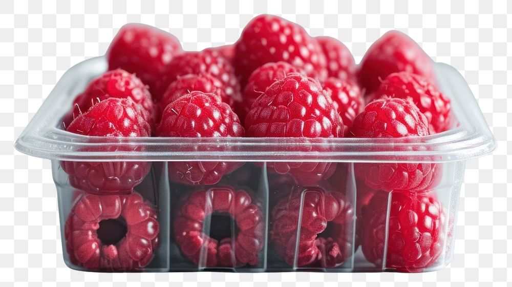 PNG Raspberry in plastic box with cover and blank label food package fruit plant salmonberry.