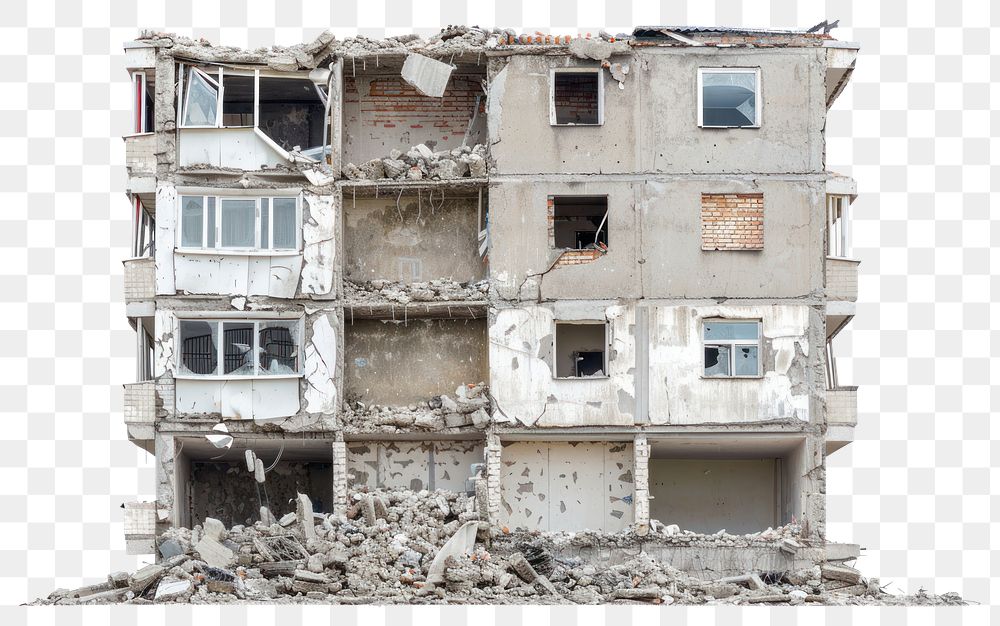 PNG Apartment destroyed building front view.