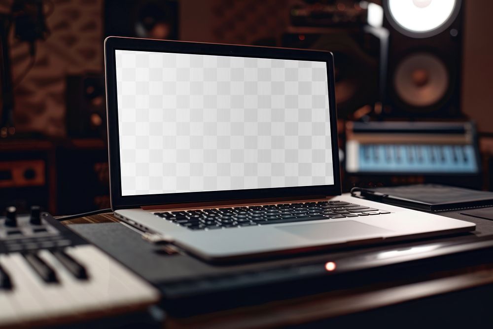 PNG music studio laptop screen mockup, transparent design