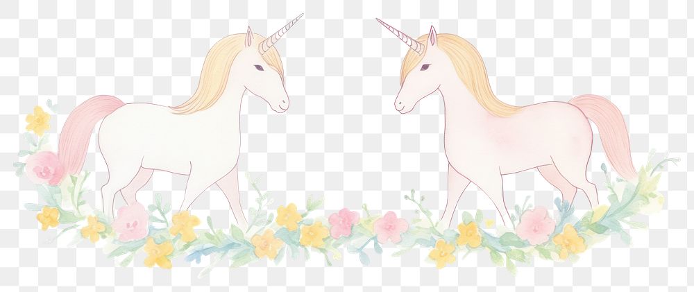 PNG Unicorns with flowers as divider watercolor illustrated wildlife drawing.