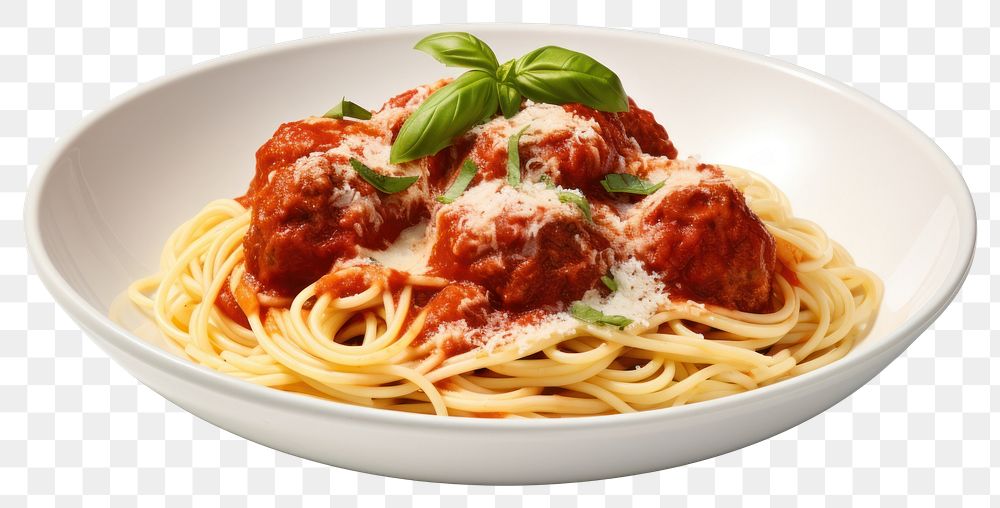 PNG Spaghetti and meatballs dish with a rich tomato sauce and grated Parmesan cheese pasta plate food.