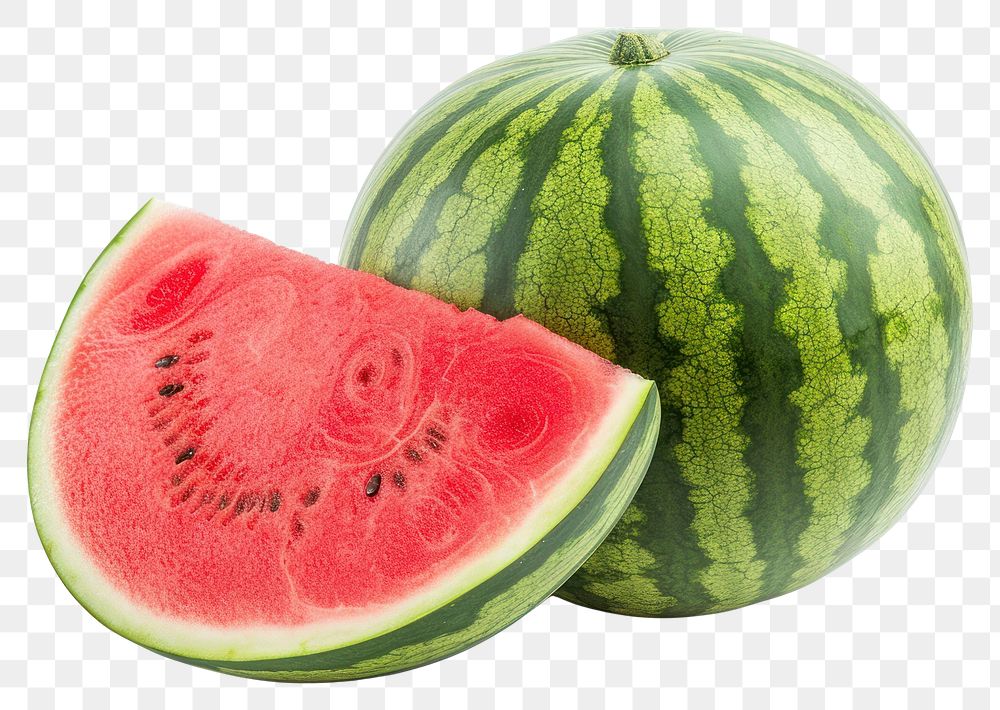 PNG Half a cut ripe watermelon and a whole striped watermelon fruit plant food.