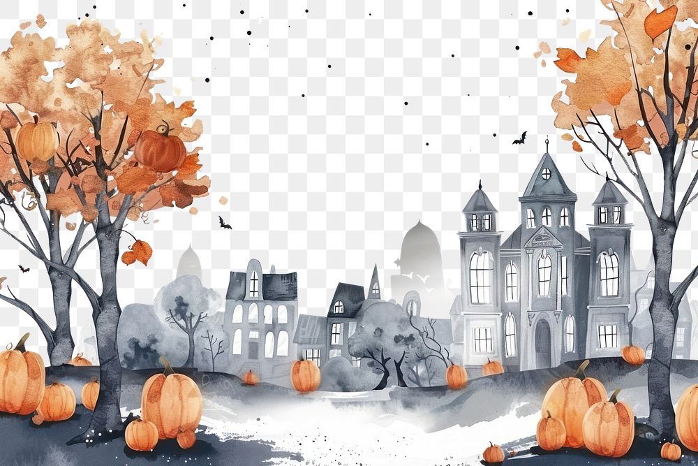 PNG Halloween-themed autumn village illustration