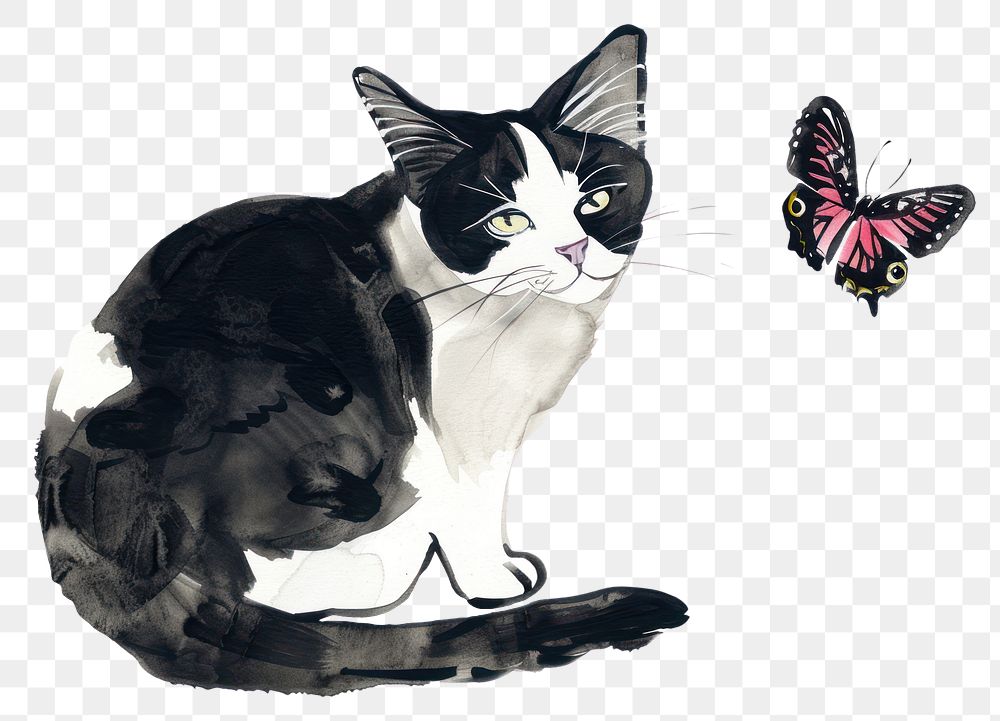 PNG Cat with butterfly Japanese minimal art invertebrate illustrated.