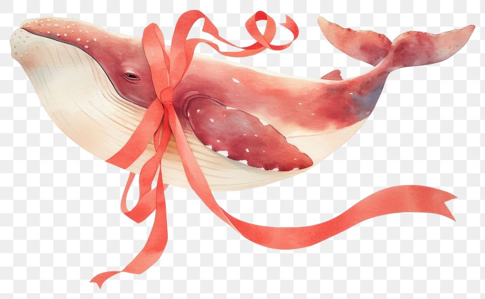 PNG Coquette whale illustration watercolor ribbon.