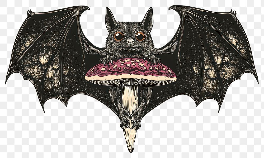 PNG A bat with mushroom illustration artwork whimsical.