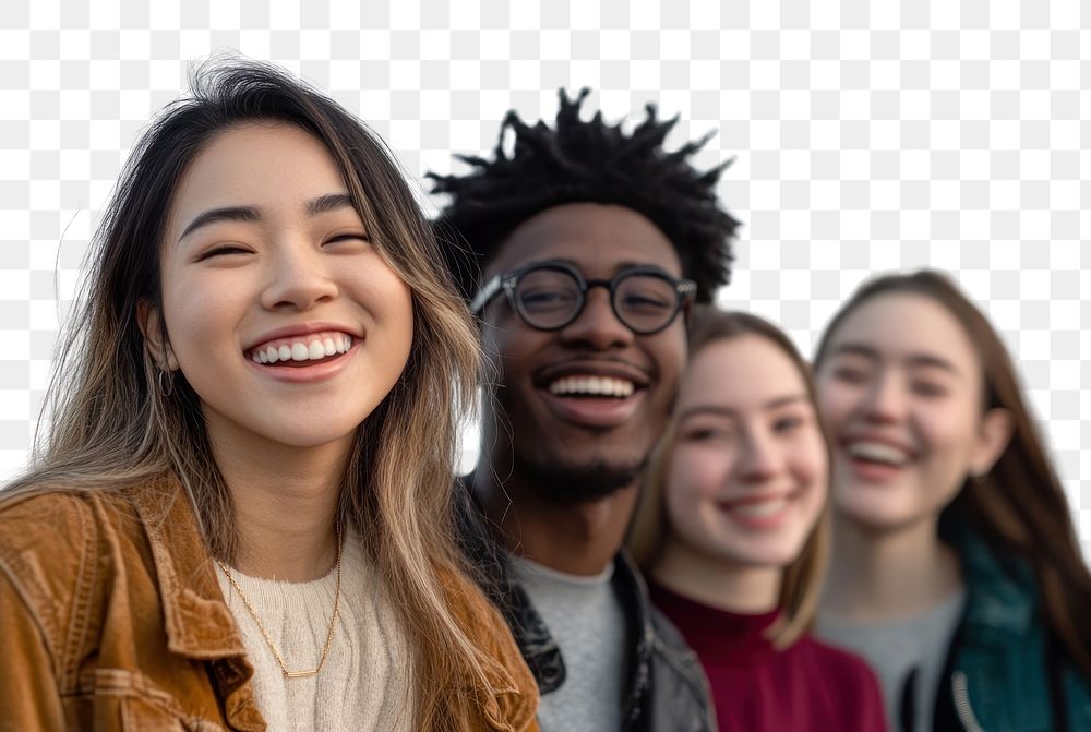 PNG Multiethnic students laughing together smiling.