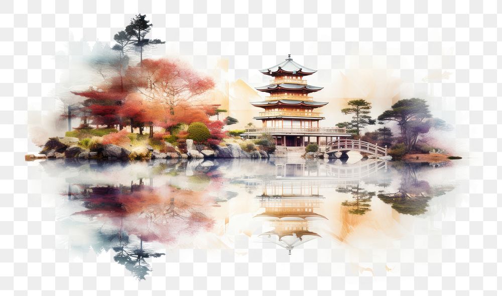 PNG Double exposure photography kimino and japanese garden architecture building pagoda.