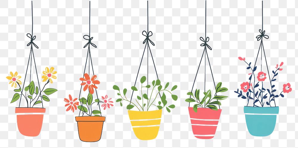 PNG Hanging flower plant pots plants art illustration.