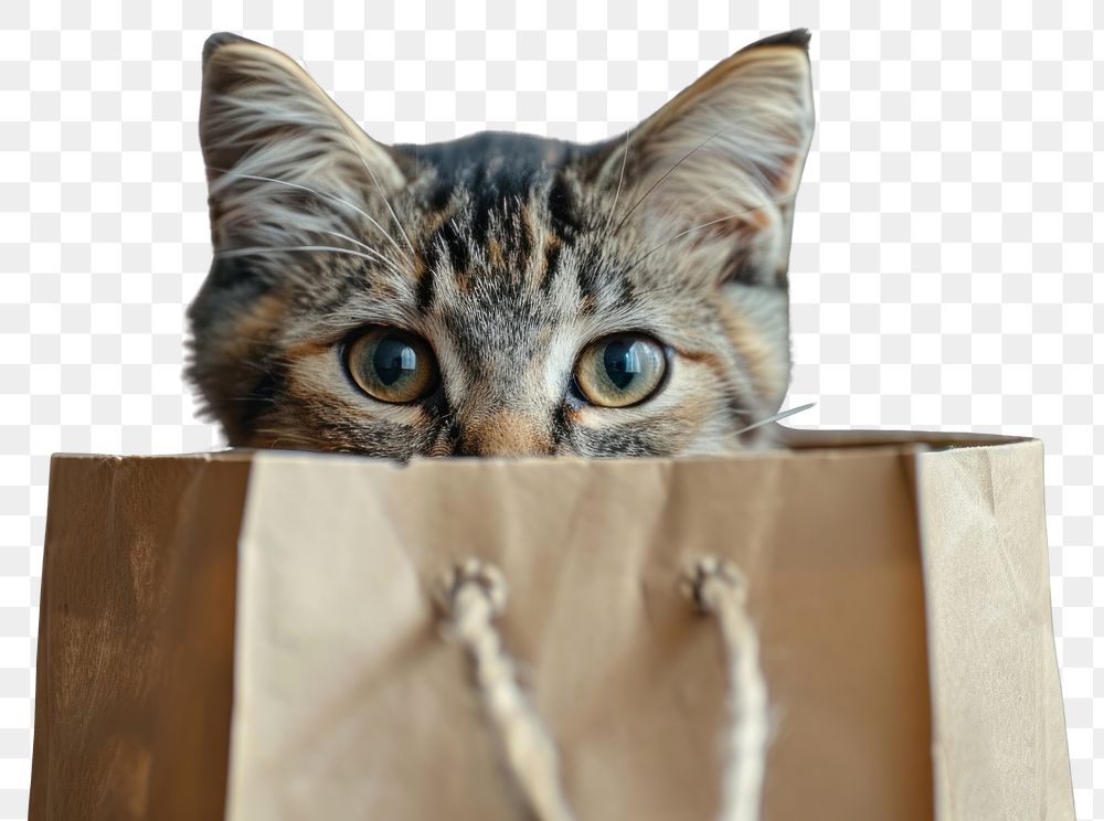 PNG Cat peeking behind a shopping bag photography animal kitten.