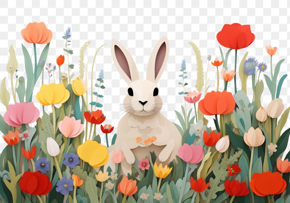 PNG Rabbit in flower garden art painting animal.