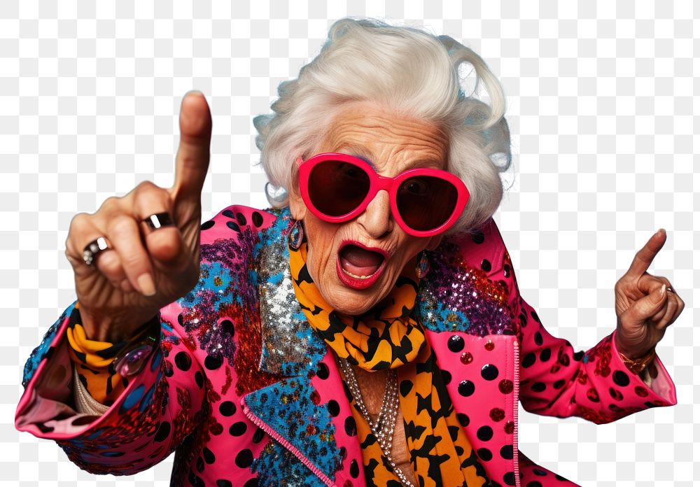 PNG Elderly lady with rock n roll hand gesture clothing photography background.