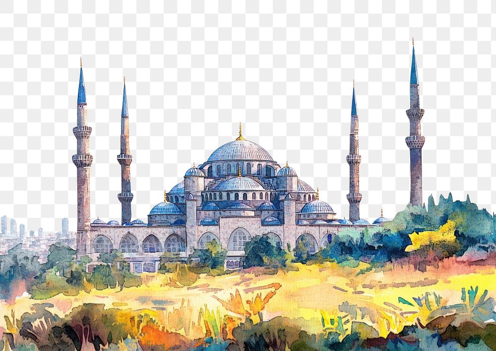 PNG Blue Mosque in Istanbul landmark architecture watercolor.