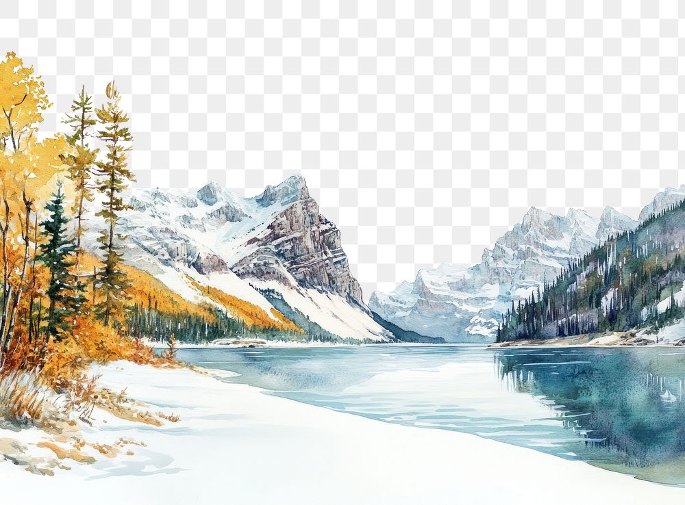 PNG Lake louise with snow in autumn water illustration watercolor.