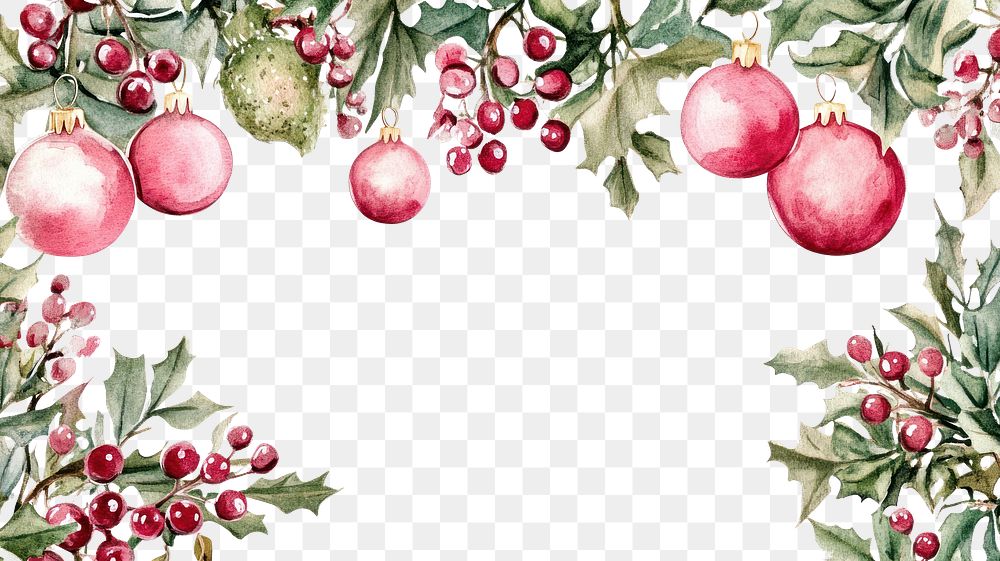 PNG Christmas pink border illustration watercolor ornaments.