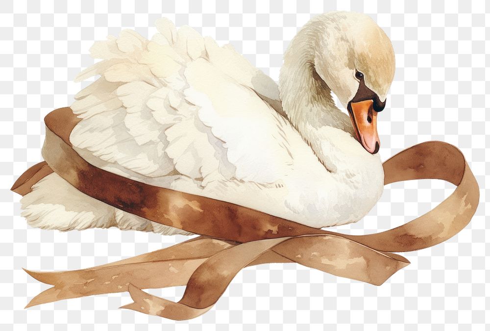 PNG Brown coquette swan illustration watercolor ribbon.