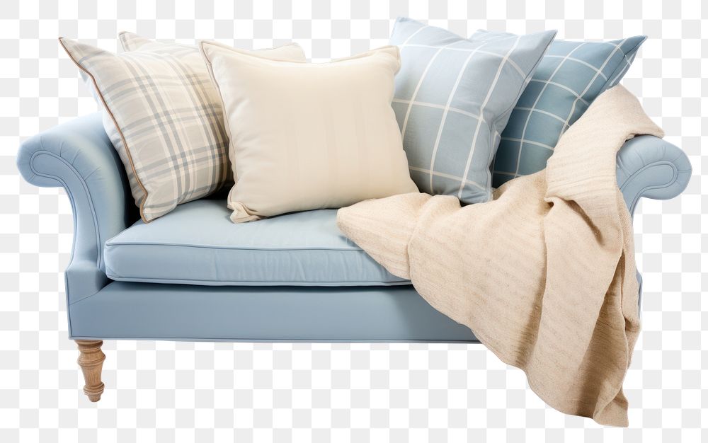 PNG The light blue and light beige cottage couch pillow chair furniture.