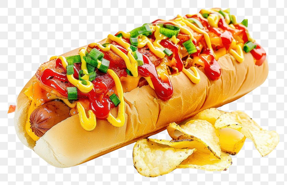 PNG Hotdog with potato chips on background ketchup white.