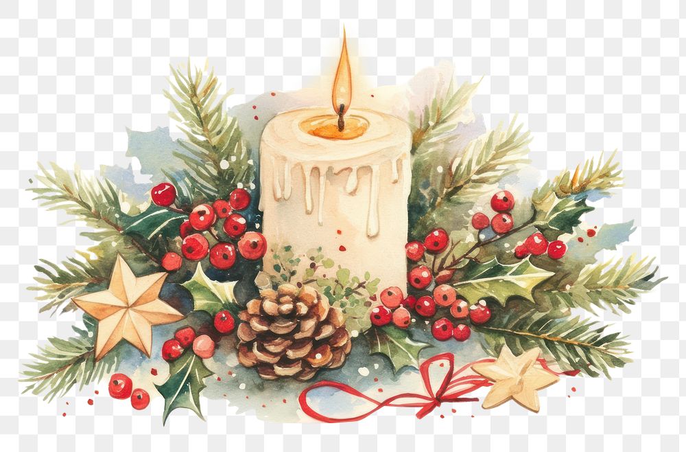 PNG Christmas candle with pine and berry brunches illustration watercolor berries.