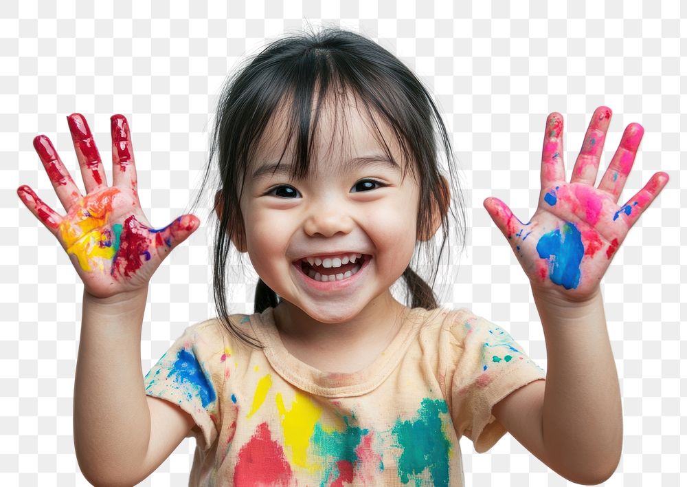 PNG Asian girl child artist hands painting happy.