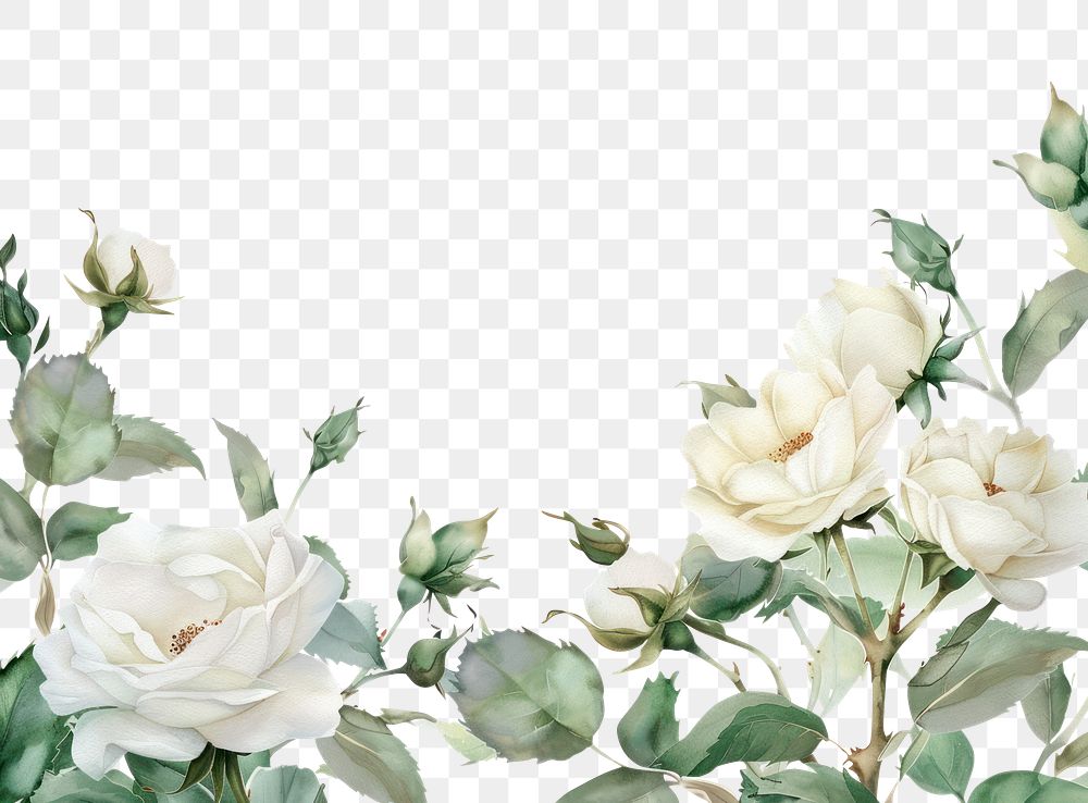 PNG White rose border watercolor blossom pattern flower.