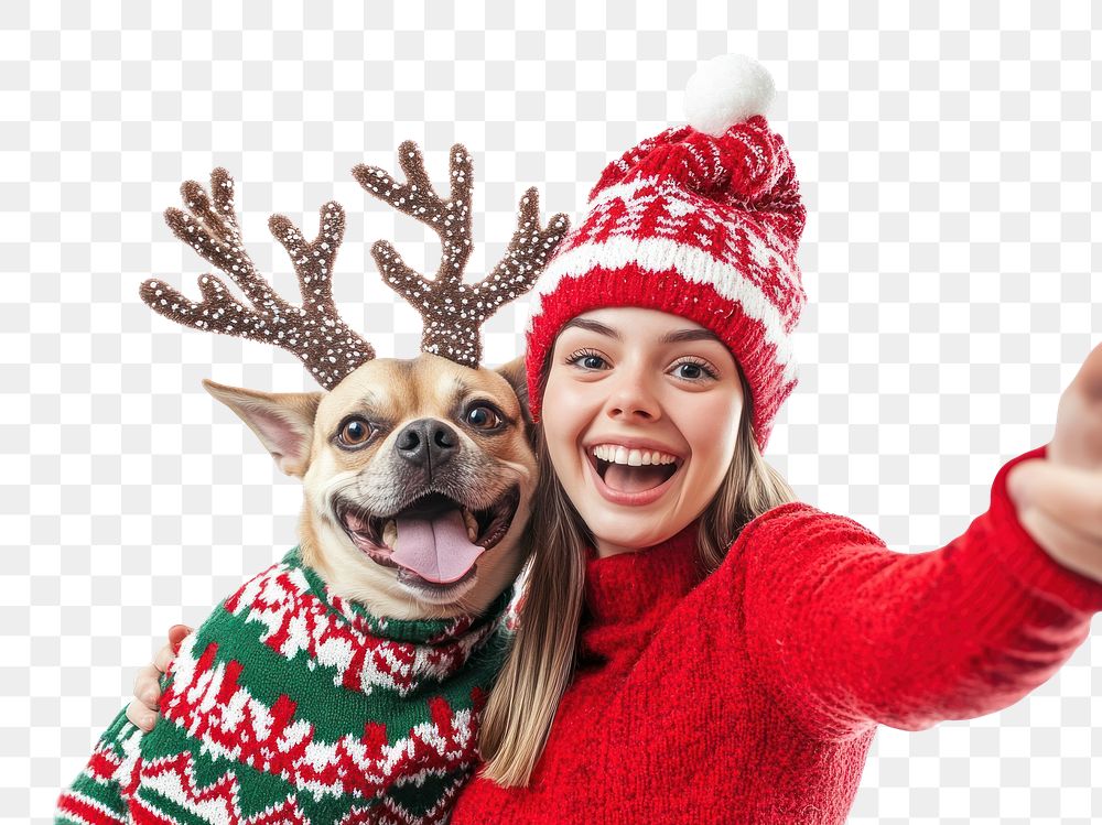 PNG Selfie with dog wearing christmas sweaters clothing antlers costume.