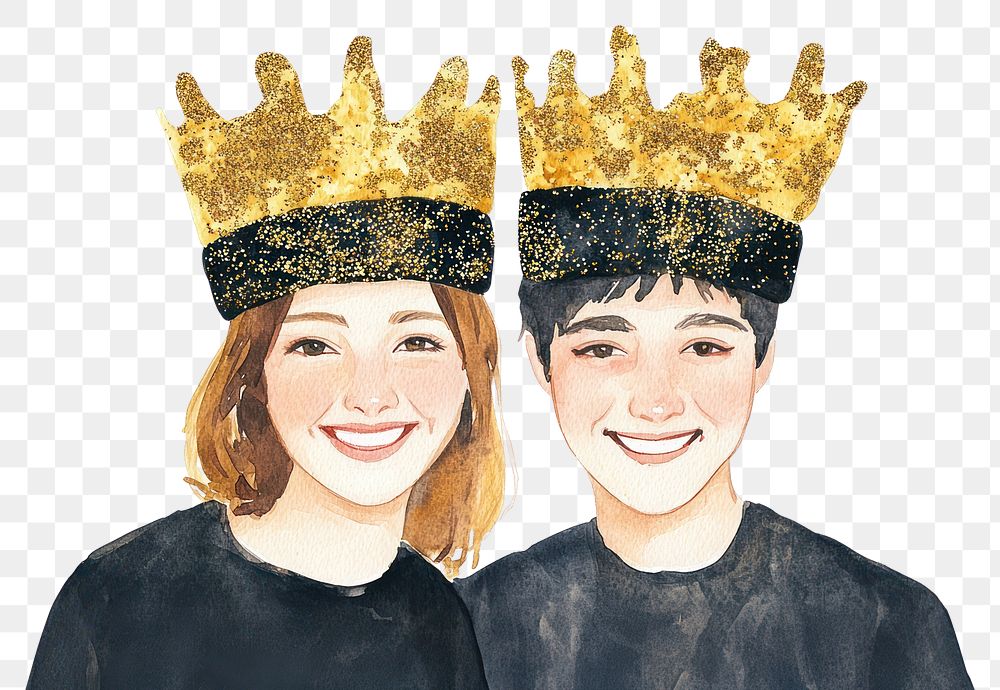 PNG Happy Couple wearing Matching Gold and Black Glitter Crowns crowns illustration watercolor.