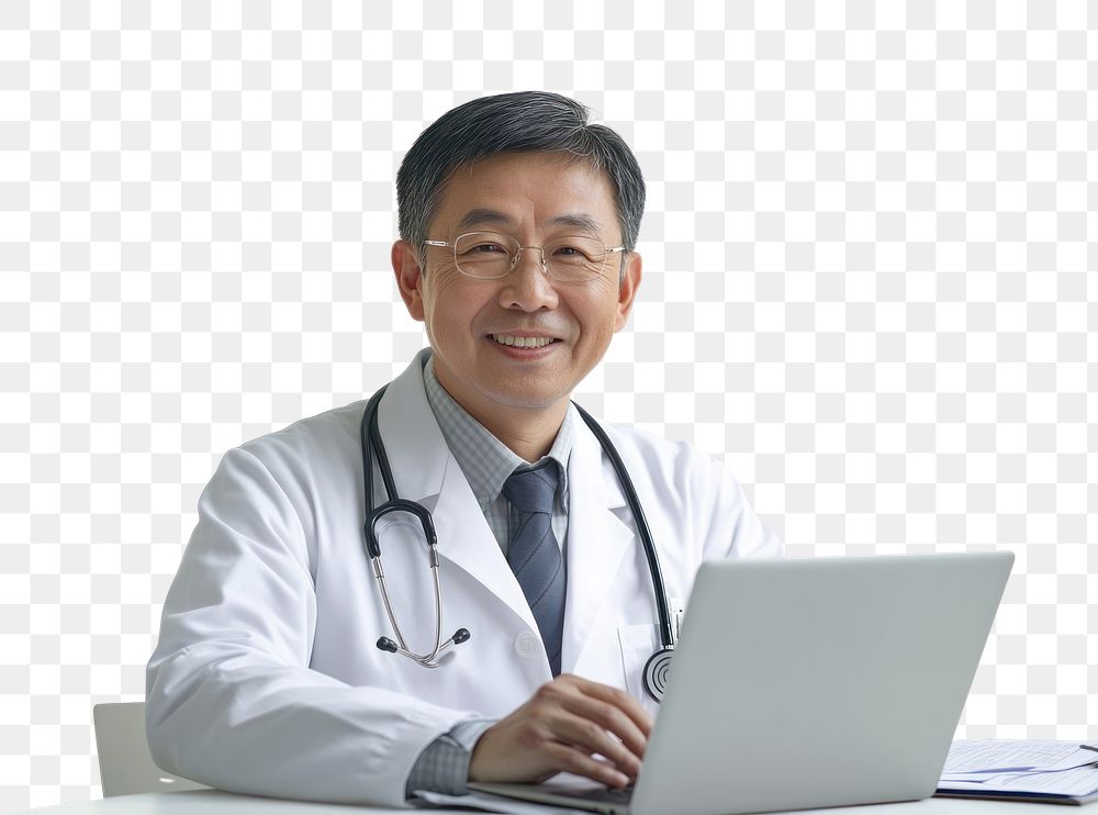 PNG Happy mature asian doctor looking young and smart using laptop looking at camera professional consultation electronics.