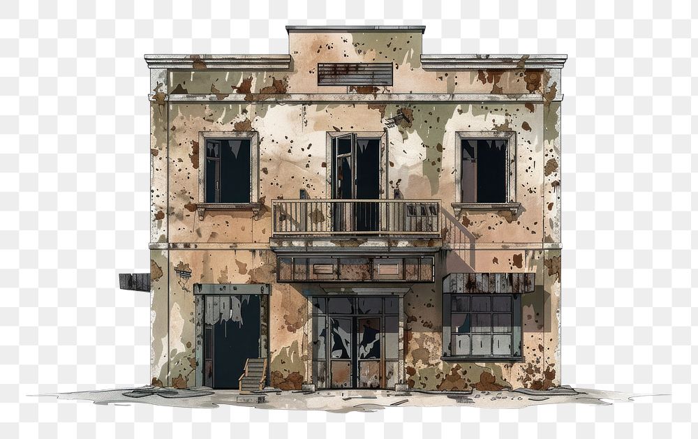 PNG Architecture illustration abandoned building white background deterioration neighbourhood.