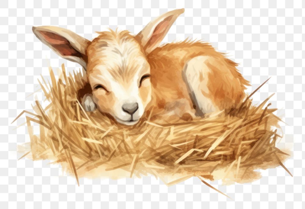 PNG Watercolor goat sleeping animal straw livestock.