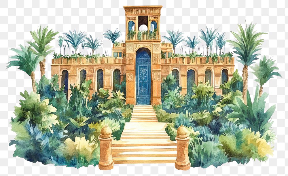 PNG Hanging garden of Babylon architecture illustration watercolor.