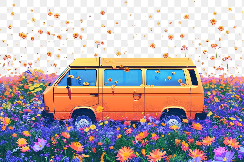 PNG Orange van full of colorful spring flowers outdoors vehicle nature.