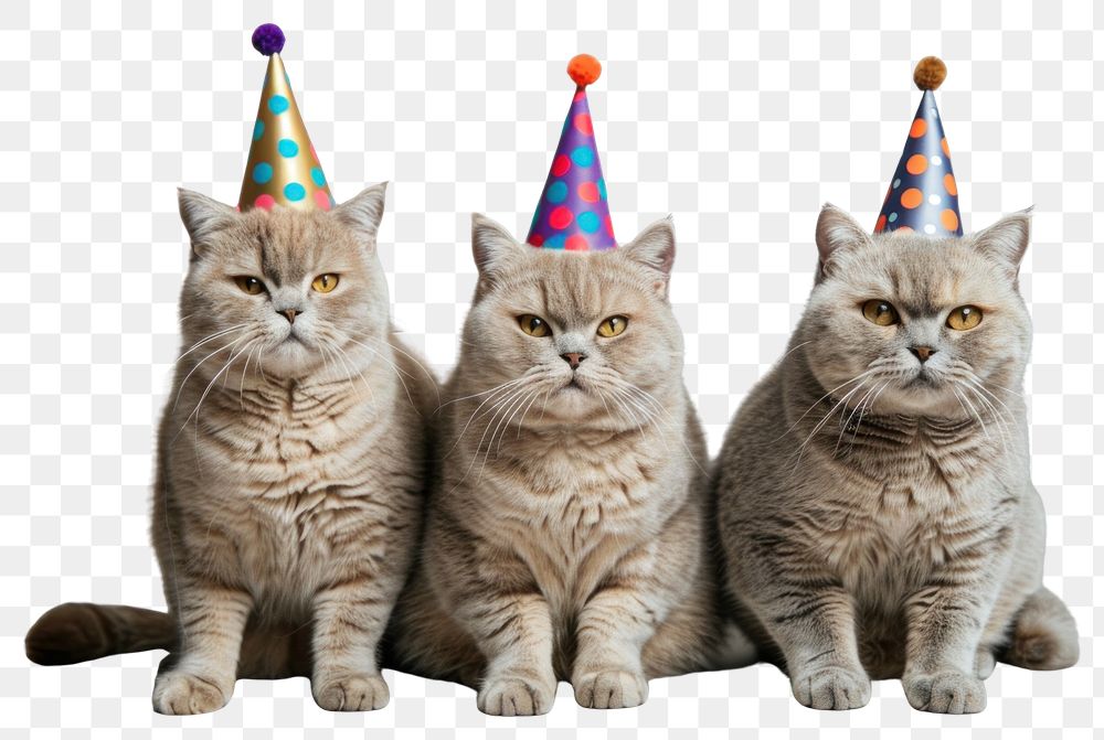 PNG Three British Shorthair cat cats hats birthday.