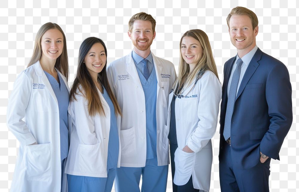 PNG Five medical professionals standing coats smiling doctors.