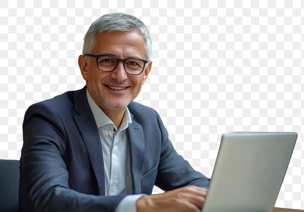 PNG Confident businessman working glasses laptop computer.