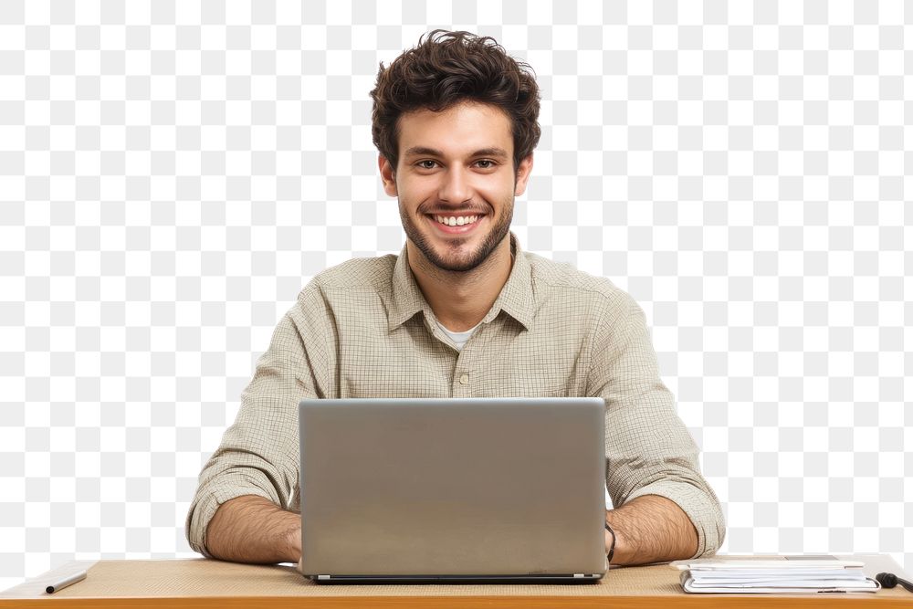 PNG Real young man smile laptop background computer.